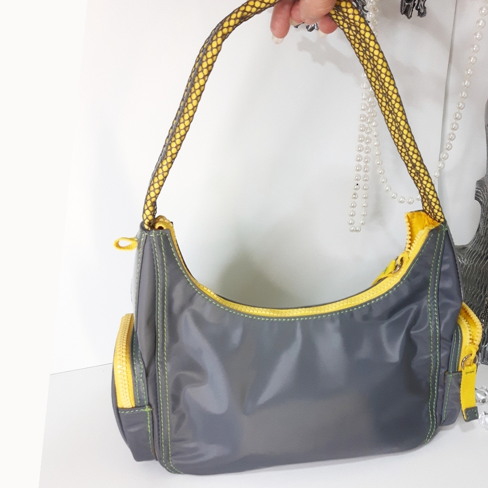 Y2K Vtg Nine West💛Yellow Gray Casual Baguette Shoulder Bag with Pockets - Picture 6 of 15